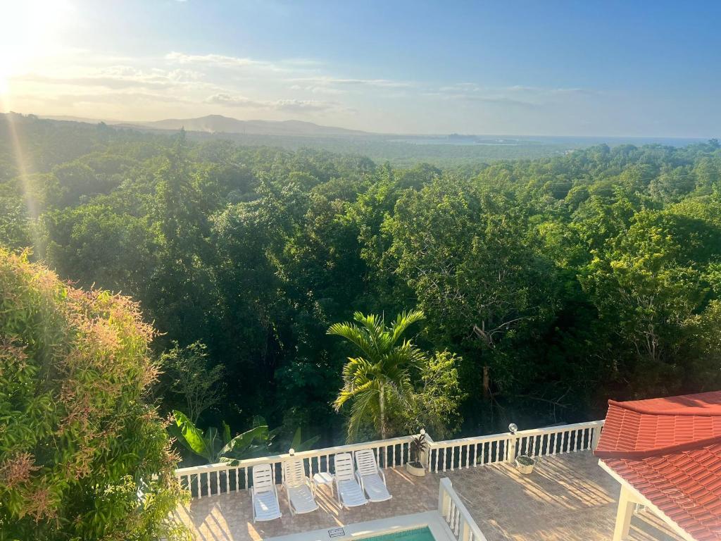 a balcony with chairs and a view of a forest at Retreat Guest House in Falmouth