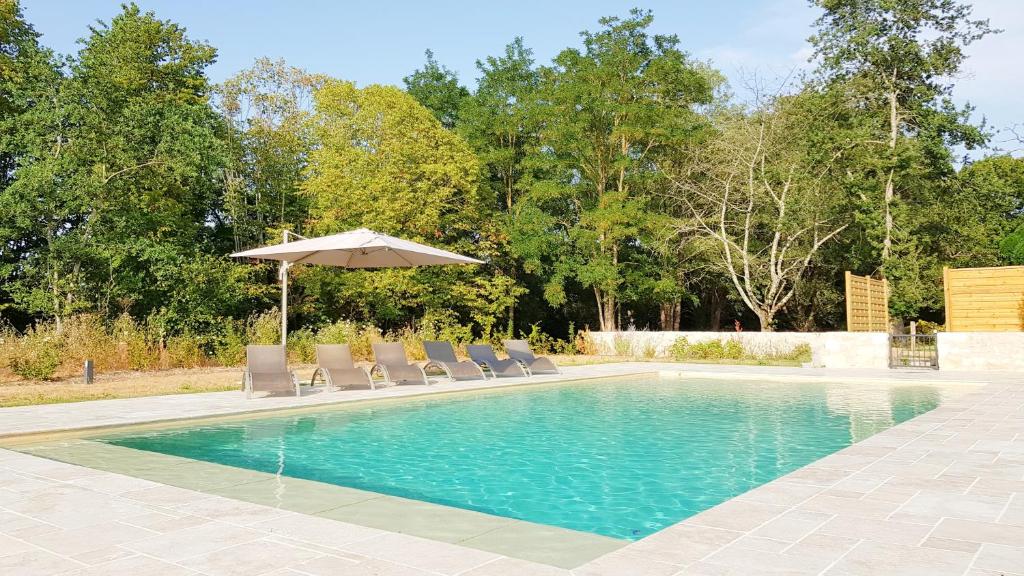 uma piscina com cadeiras e um guarda-sol em Gite du Four à Pain 4* - Le Domaine des Cyclamens em Verneuil-sur-Indre