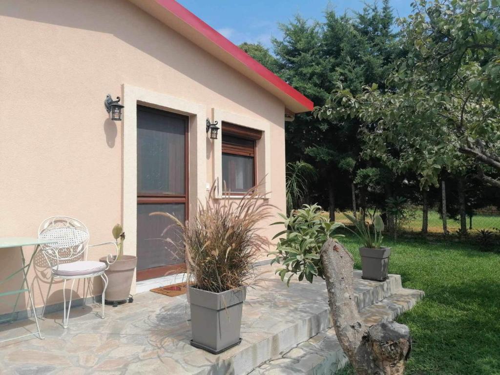 a house with a patio with plants in front of it at Tiny house by the sea in Nea Skioni