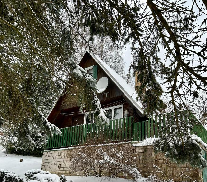 a house with a green fence in the snow at Chata Zbyšek in Prostřední Bečva