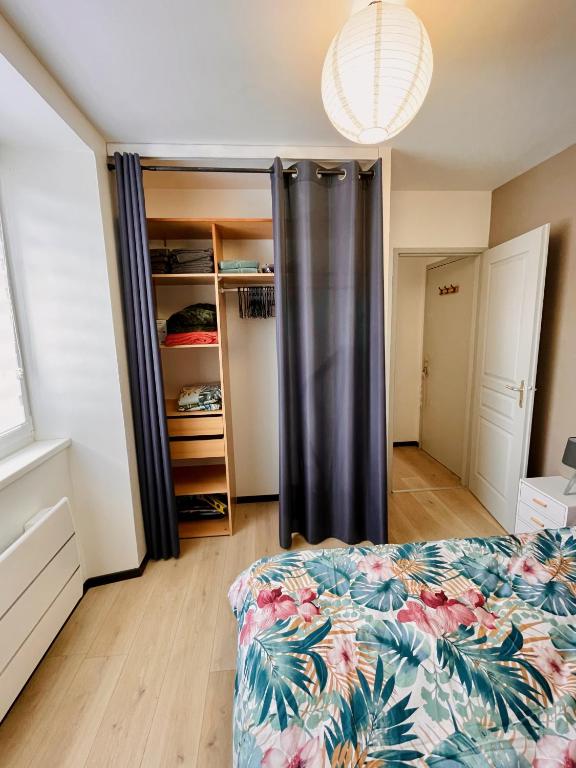 - une chambre avec un lit et un placard dans l'établissement Joli appartement avec parking, à Montbéliard