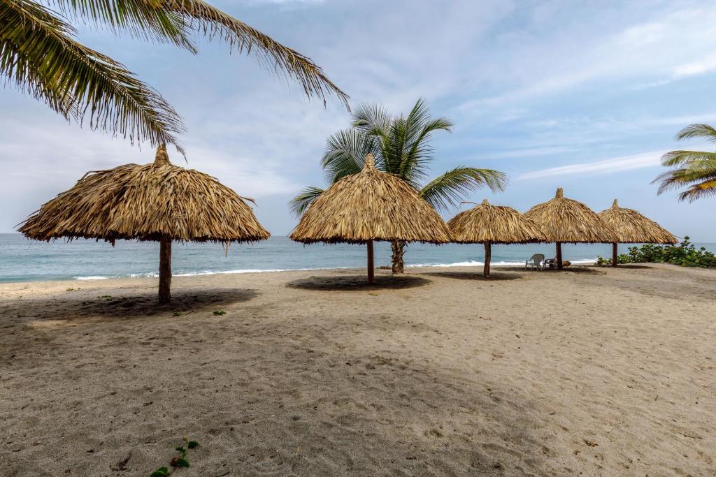 un grupo de sombrillas de paja en una playa en CASA DE CAMPO CASTILLETE dentro del PARQUE TAYRONA en Santa Marta