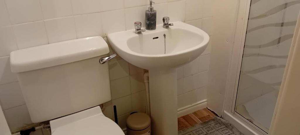 a white bathroom with a toilet and a sink at Aaron's Holiday Home in Belfast