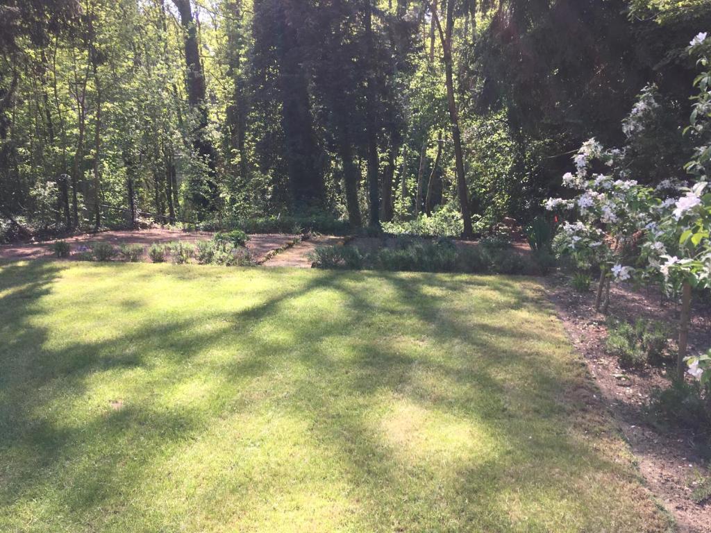 a large grassy yard with trees in the background at Hotel Auberge Rustique in Beaufort