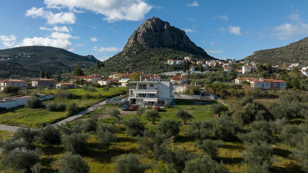 un villaggio con una montagna sullo sfondo di Ikiesnafplio a Nauplia