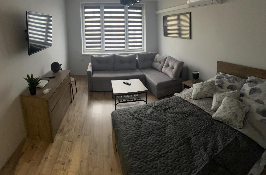 un salon avec un lit et un canapé dans l'établissement Apartament ,,Eden”, à Zator