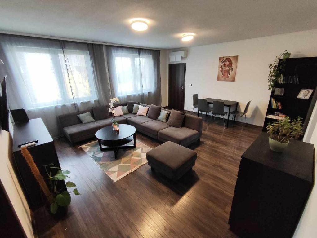 ein Wohnzimmer mit einem Sofa und einem Tisch in der Unterkunft Apartmán Dominika in Rovinka