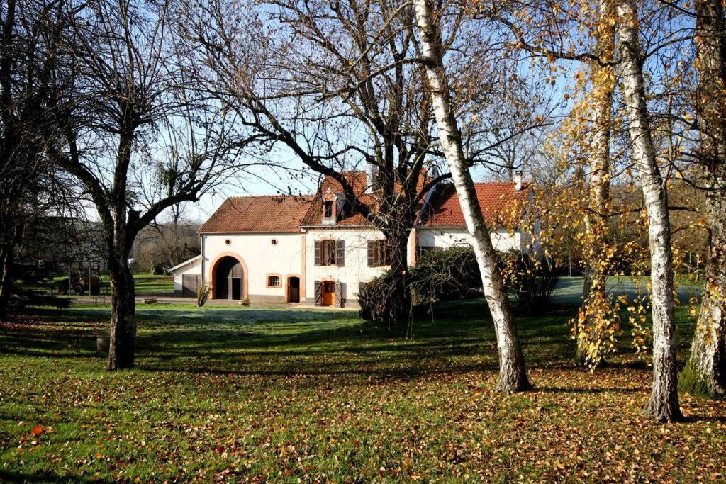 una gran casa blanca con un grupo de árboles en Gîte Au Moulin de Bougnon Calme et Dépaysement en Haute-Saône 