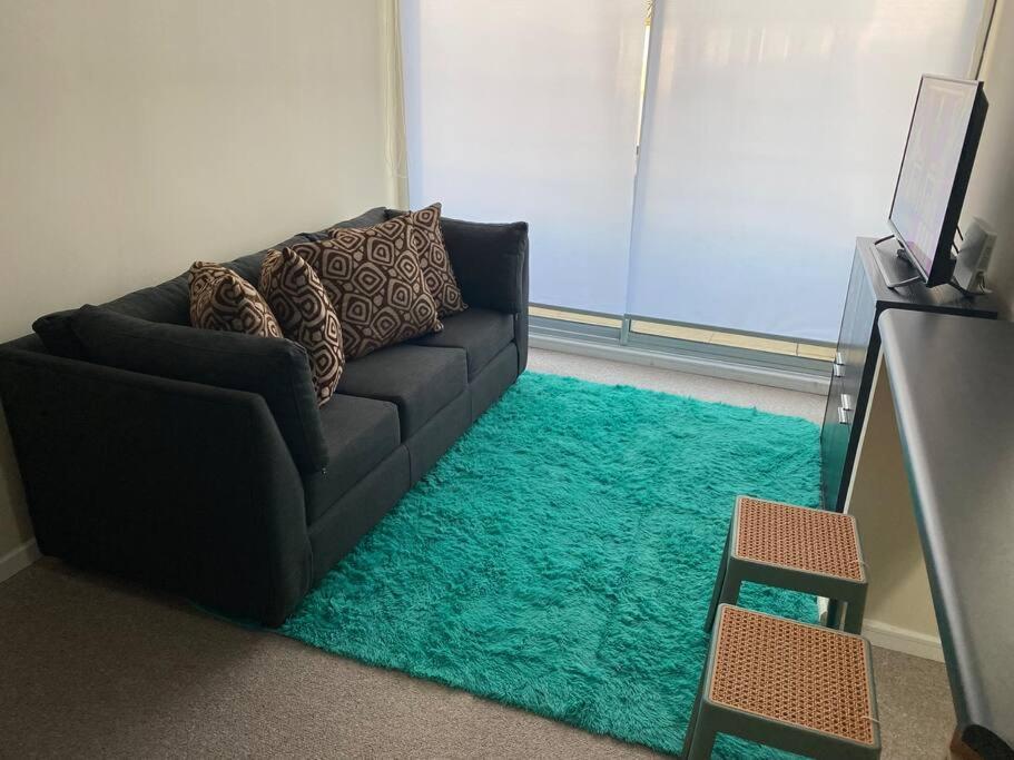a living room with a black couch and a green rug at Departamento Full nuevo Curico in Curicó