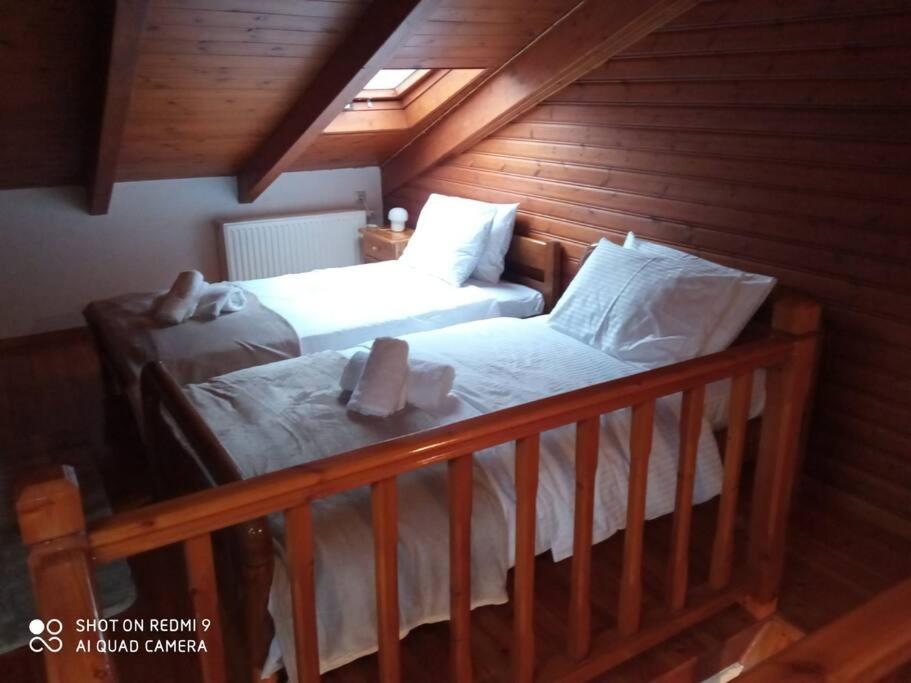 two twin beds in a room with wooden walls at Agora Mansion in Arachova