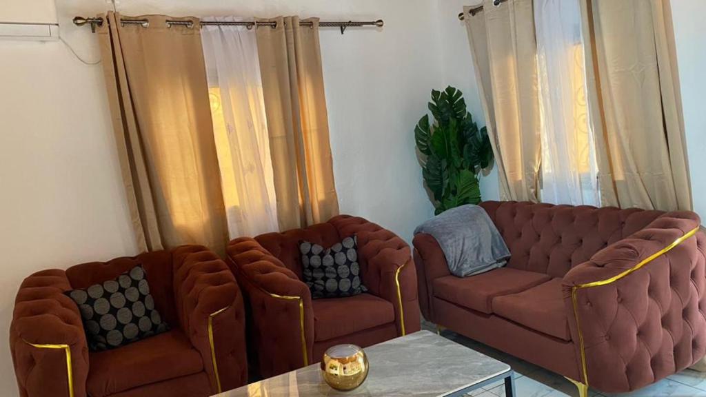 un salon avec deux canapés marron et une table dans l'établissement Trierhouse, à Douala