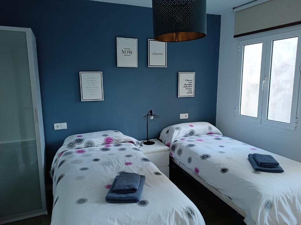 two twin beds in a room with blue walls at Patio de Rivas y Palma in Córdoba