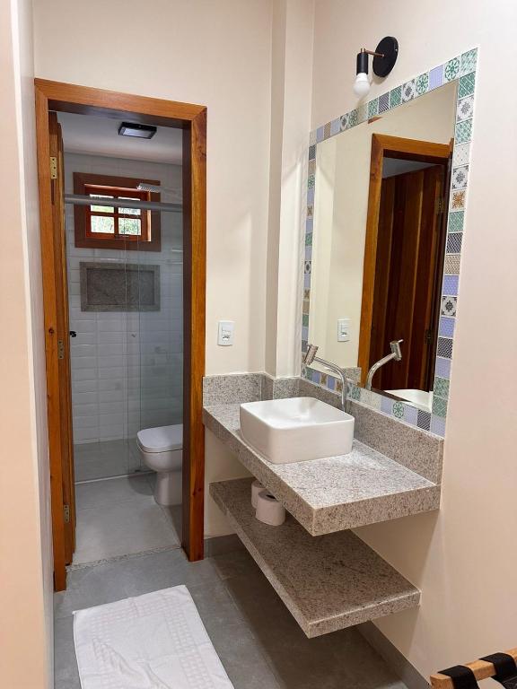 a bathroom with a sink and a toilet and a mirror at Pousada Mãe Natureza in Pirenópolis