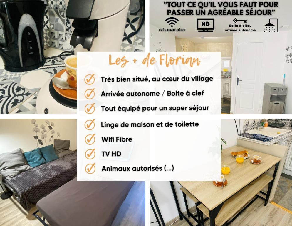 a collage of photos of a kitchen with a flyer at Studio centre village Soligny la Trappe proche Mortagne au perche in Soligny-la-Trappe