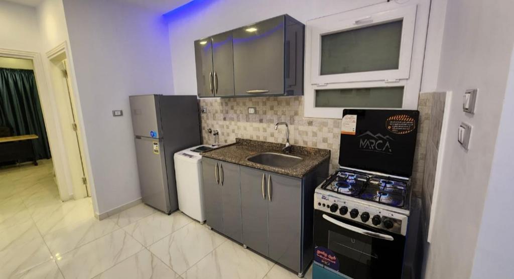 a small kitchen with a stove and a sink at Regnar hotel in Mansoura