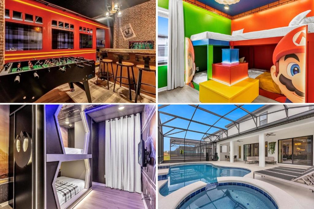 een collage van vier foto's van een huis bij 10 Bedroom- 9 Bathroom- Paradiso Grande 6098hs in Orlando