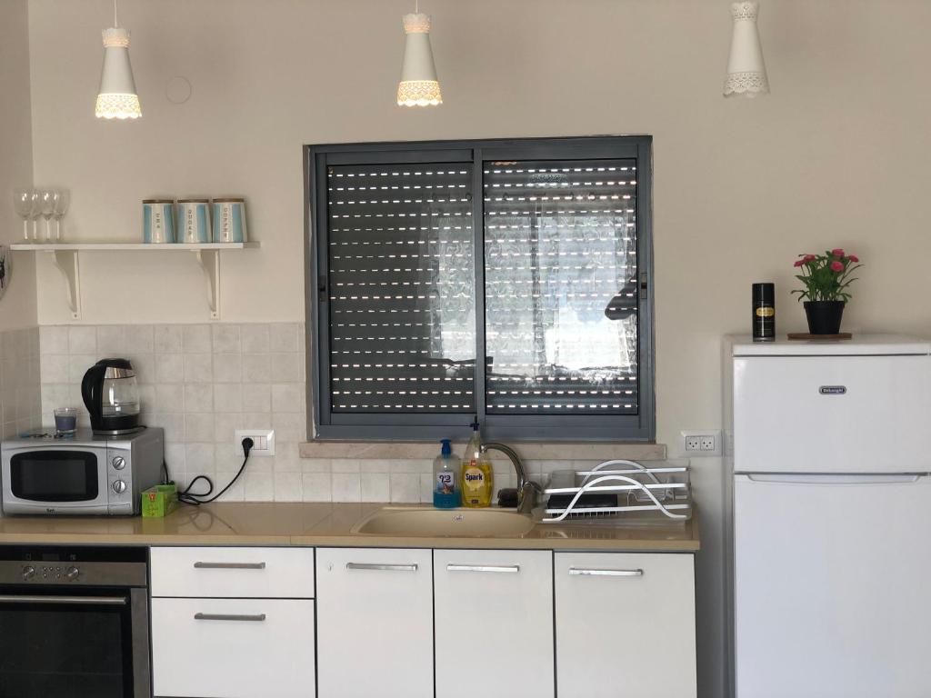 La cuisine est équipée d'une fenêtre, d'un évier et d'un four micro-ondes. dans l'établissement סוויטת מגידו, à Midrakh ‘Oz