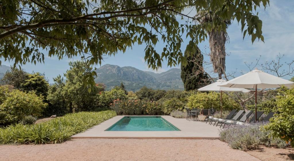 a swimming pool in a garden with an umbrella at Can Busquera in Sóller