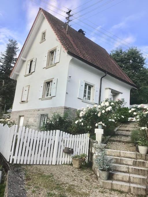 a white house with a white fence in front of it at Apartment Rose in Forbach
