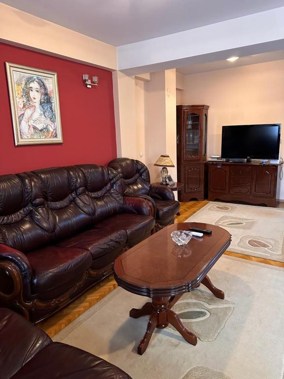 a living room with a leather couch and a coffee table at cvetkovski apartment in Tetovo