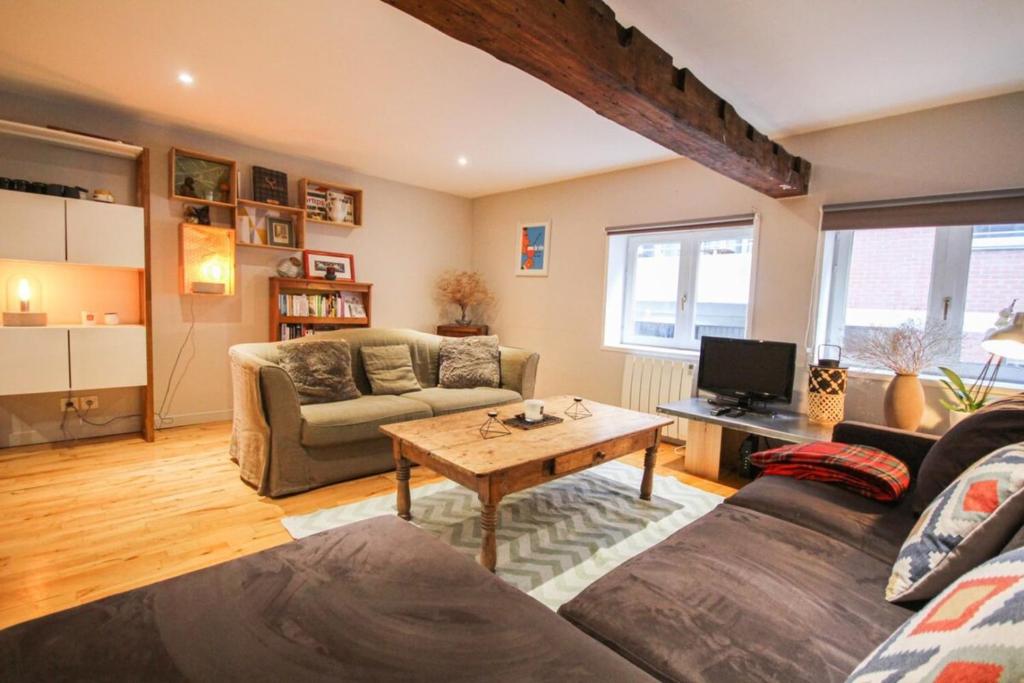 un salon avec un canapé et une table dans l'établissement Duplex in the heart of Old Lille terrace + parking, à Lille