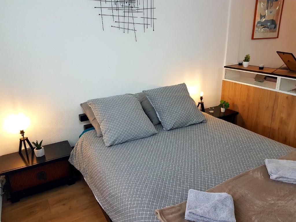 a bedroom with a bed with two pillows on it at Le Chat d'Or - 35m2 - Terrasse - BBQ - WIFI HD in Amiens