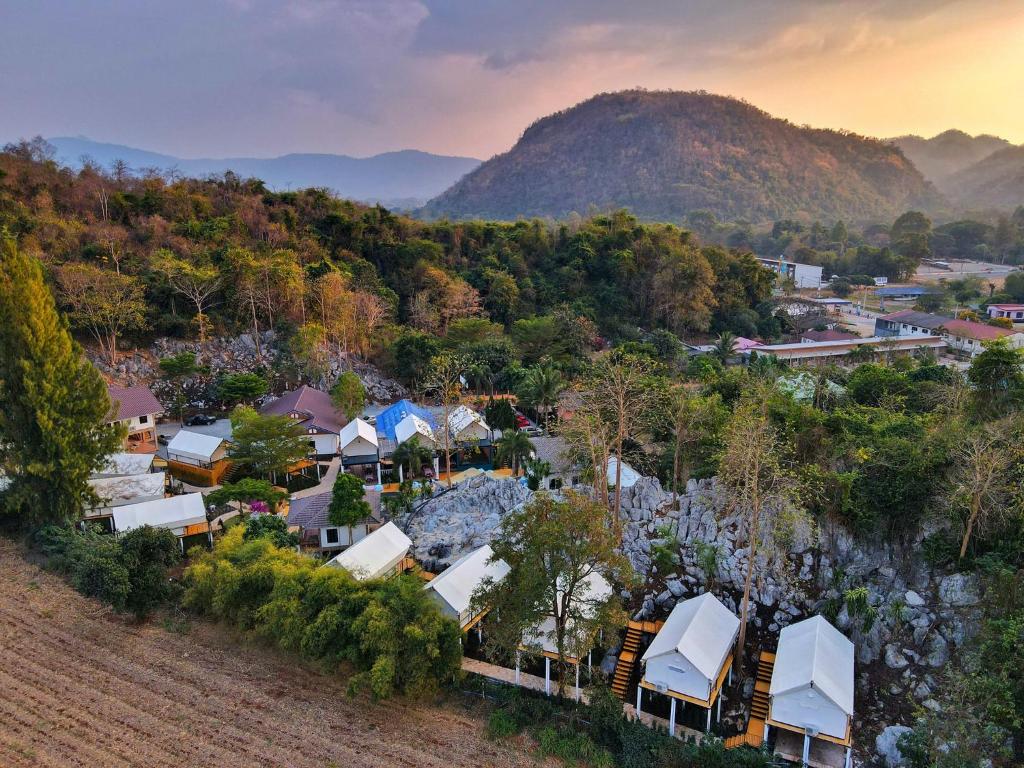 an aerial view of a village with tents and trees at Mont Blanc Base Camp Khaoyai in Pak Chong