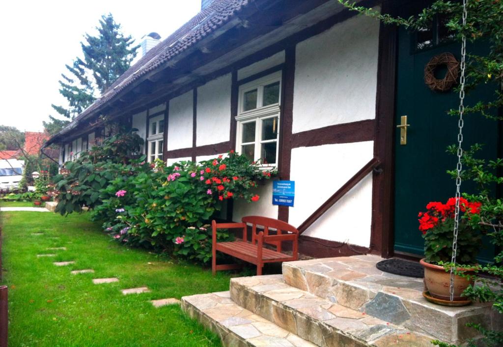 a house with a bench in the front yard at Wohnung in Ulrichshusen 