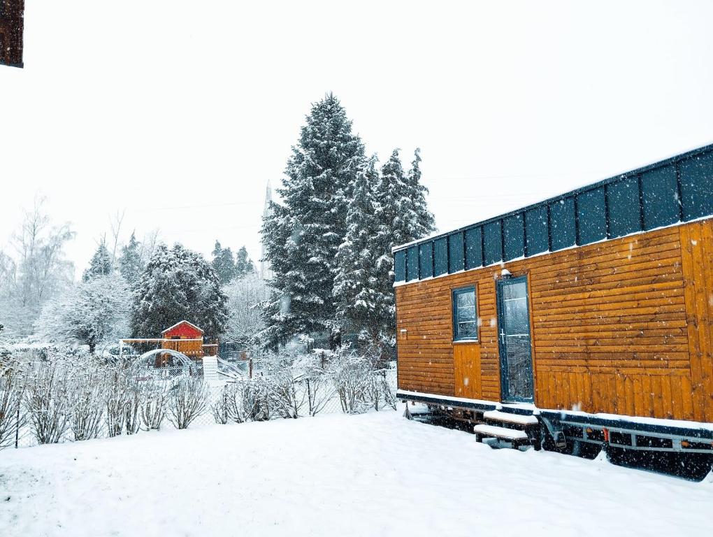 einem hölzernen Zugwagen auf einem schneebedeckten Feld in der Unterkunft Tiny House in Roxheim