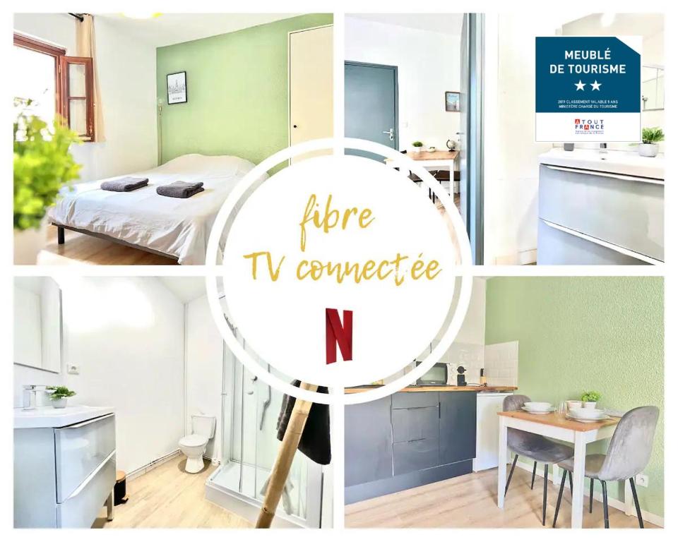 a collage of photos of a bedroom and a room with the words more tv at Le Blossac, à 300m du centre ville - WIFI in Poitiers