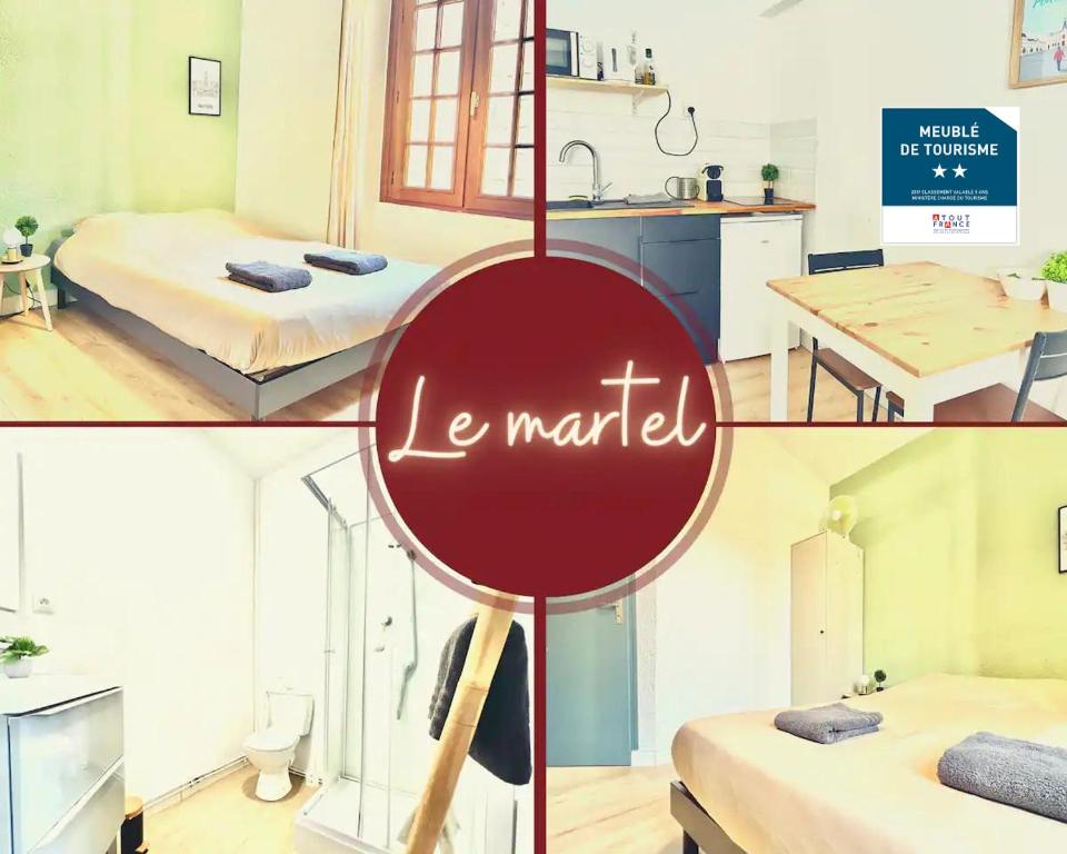 un collage di quattro immagini di una camera da letto di Le Martel, à 50m de la gare Fibre a Poitiers