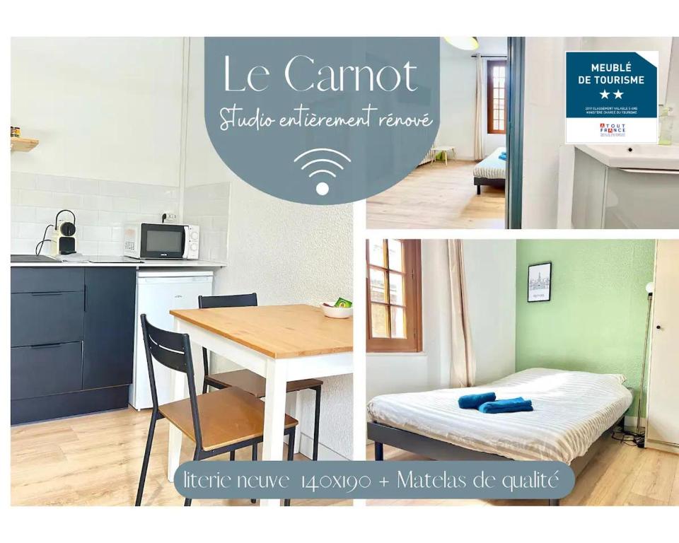 eine Collage mit Bildern einer Küche und einem Tisch in der Unterkunft Le Mélusine , à 50m de la gare de Poitiers in Poitiers