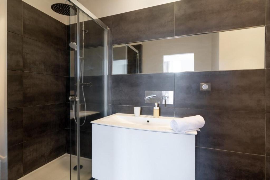 a bathroom with a sink and a shower at Vieux Lille appartement 1 chambre in Lille