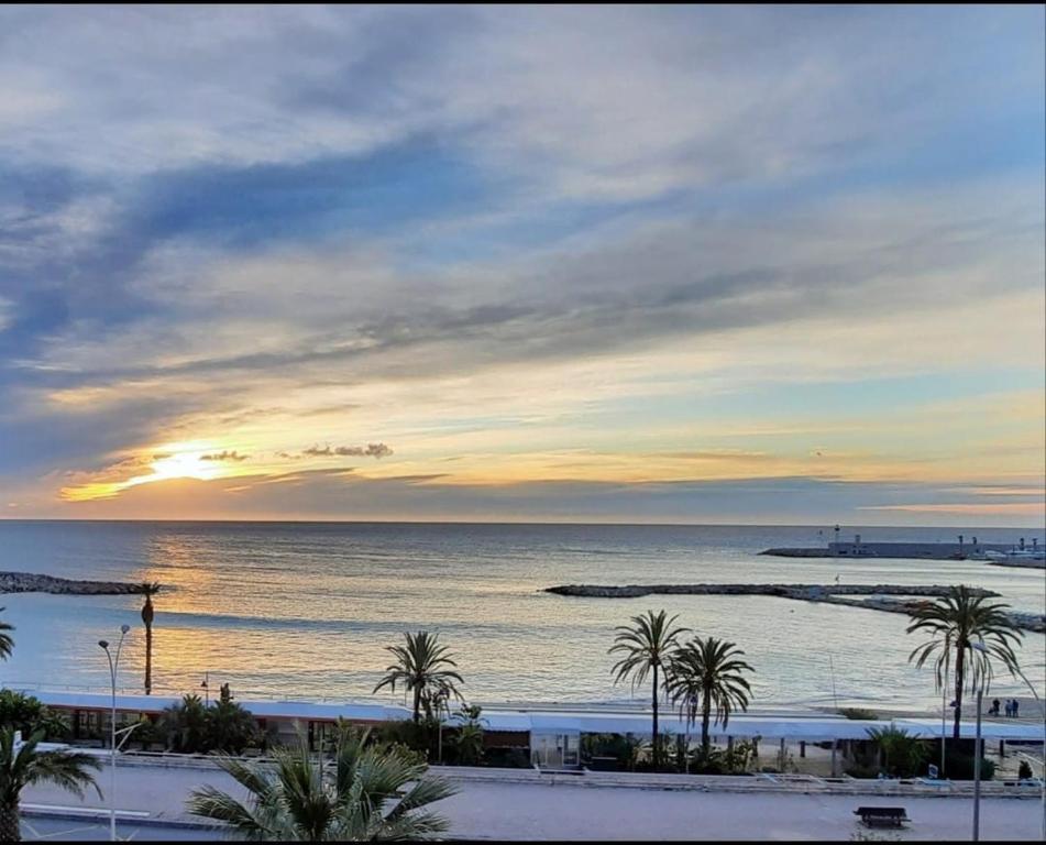une vue sur une plage avec des palmiers et l'océan dans l'établissement Chez Luisa Apartment, à Menton