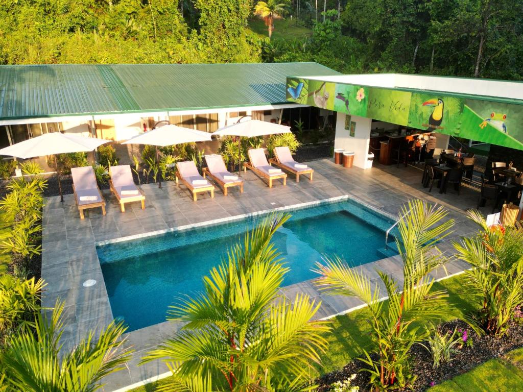 una vista aérea de una piscina con sillas y sombrillas en Luxury Apartments Nauyaca by Paradiselodge en Platanillo