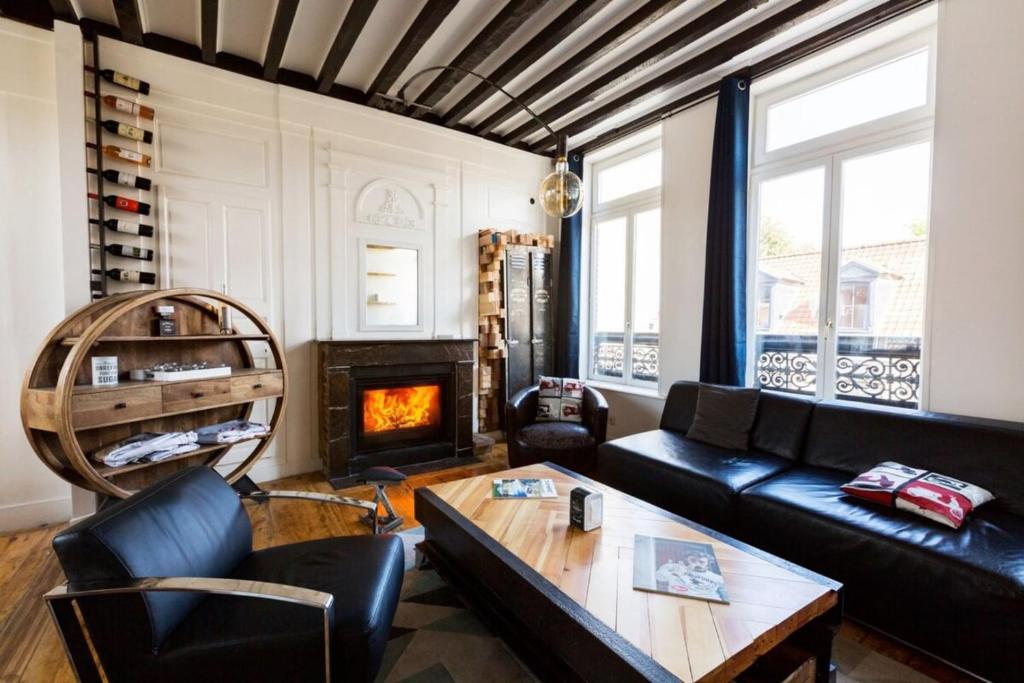 ein Wohnzimmer mit einem Sofa und einem Kamin in der Unterkunft Vieux Lille triplex de 100 m2 in Lille