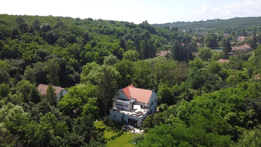 una vista aérea de una casa en medio de un bosque en Villa Viridis Bükkalja, en Borsodgeszt
