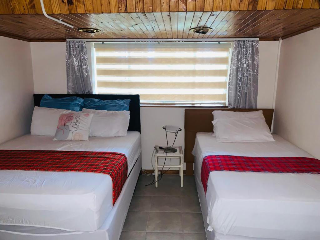 two beds in a small room with a window at Naisiae - Lovely 1-bedroom vacation home with pool in Johannesburg