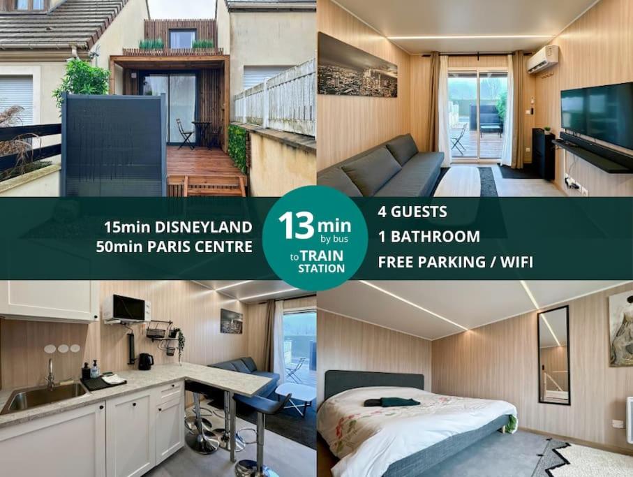 eine Collage mit Fotos von einem Schlafzimmer und einem Wohnzimmer in der Unterkunft Tiny House moderne à Disneyland in Coutevroult