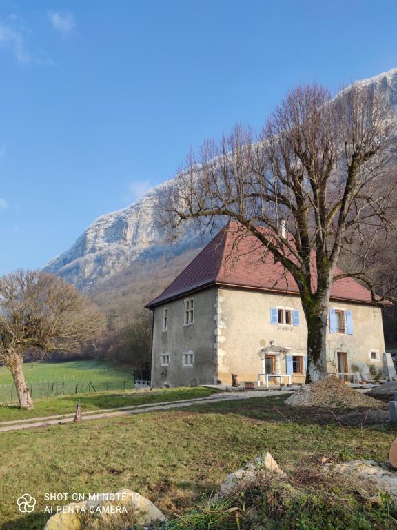 una casa con un albero e una montagna sullo sfondo di La Maison de Rochebois, chambres et table d'hôtes, Savoie, France a Champagneux