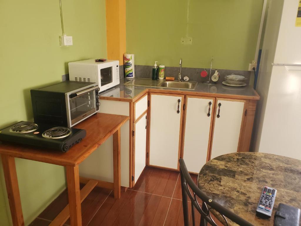 uma cozinha com um balcão com um micro-ondas e uma mesa em OverNite Comfort em Saint Augustine