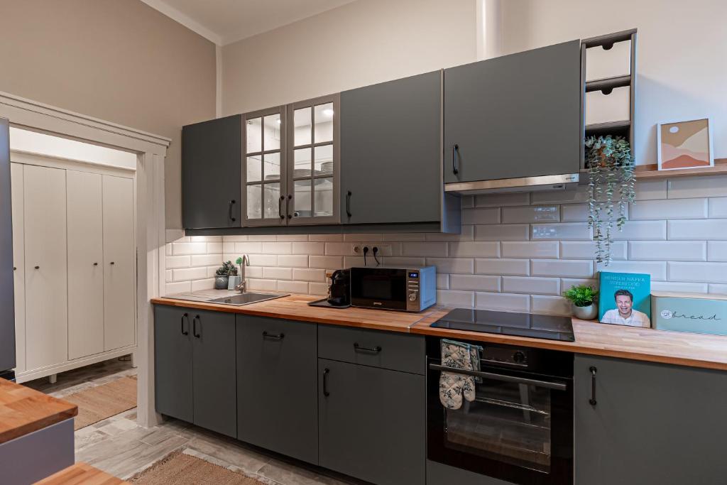 uma cozinha com armários cinzentos e uma bancada em BB Görgey Apartman I. em Miskolc