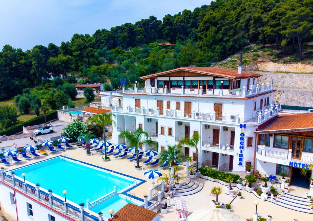 widok z powietrza na hotel z basenem w obiekcie Hotel Orchidea w mieście Peschici