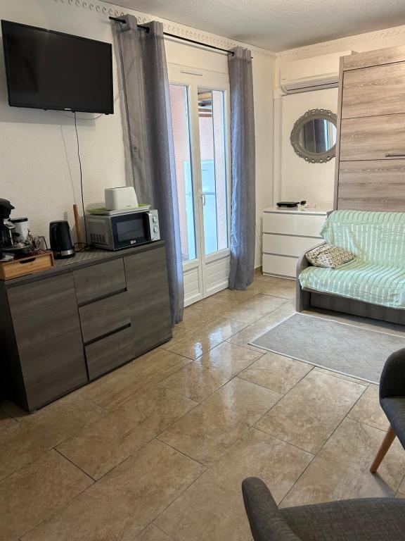 ein Wohnzimmer mit einem Sofa und einem TV auf einem Schrank in der Unterkunft studio climatisé proche port et plages in La Londe-les-Maures