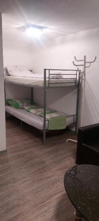 Ce dortoir comprend 2 lits superposés et une table. dans l'établissement Komfortable Wohnung in Happenbach, à Abstatt