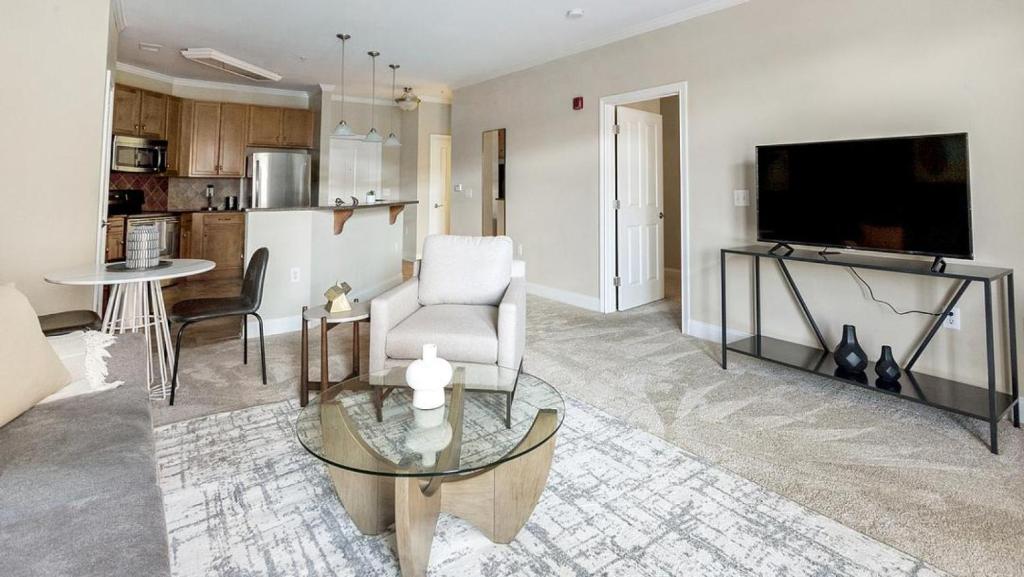 a living room with a tv and a table and a couch at Landing - Modern Apartment with Amazing Amenities (ID1285X345) in Greensboro
