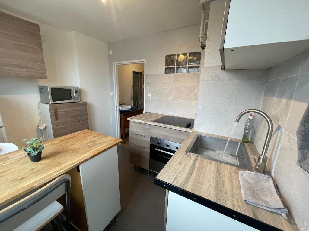 une petite cuisine avec un évier et un micro-ondes dans l'établissement #6 : 2 pièces dernier étage très calme 40m2, à Strasbourg