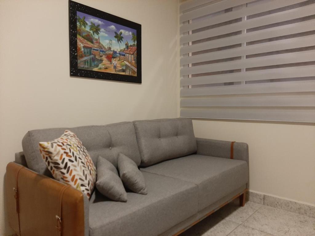 un sofá en una sala de estar con una foto en la pared en Residencial Villàggio Toscana, en Sorocaba