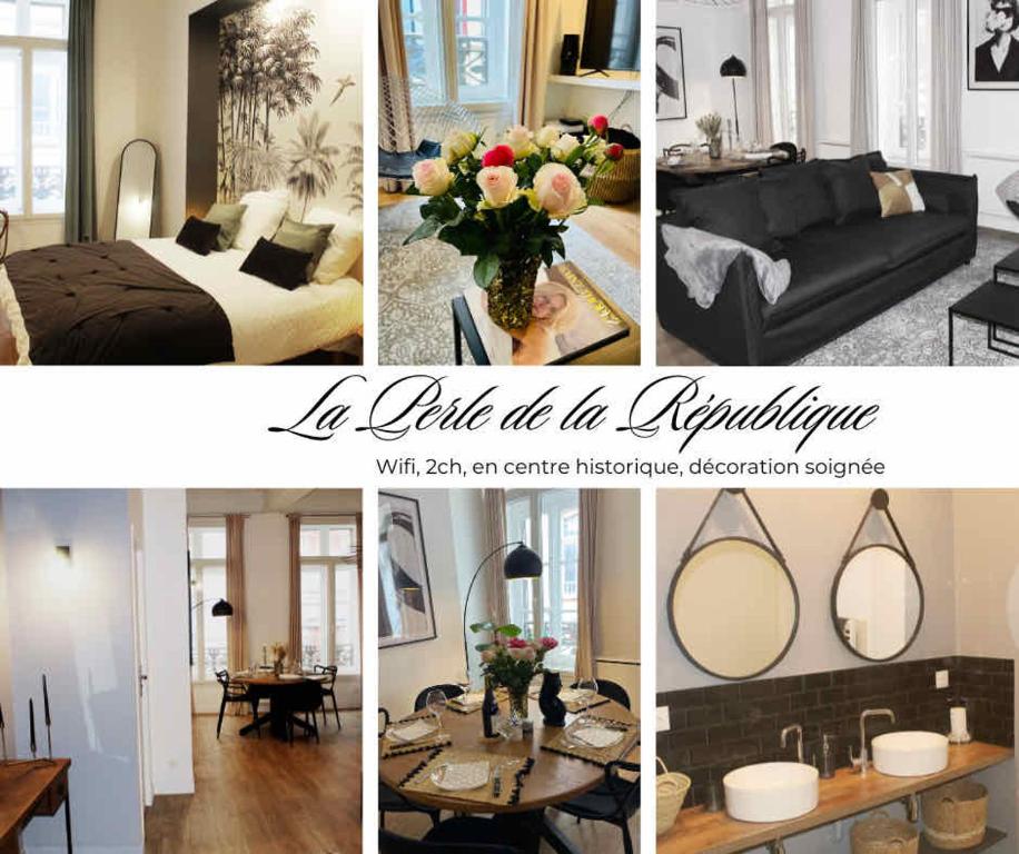 a collage of photos of a living room and dining room at La perle de la République - Au coeur du centre historique in Montauban