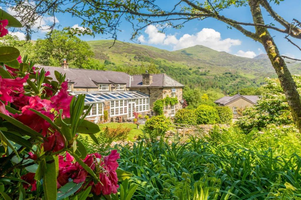 a house in the mountains with flowers in the foreground at Sygun Fawr Country House in Beddgelert